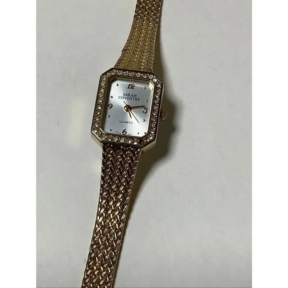 Sarah Coventry Women's Gold Tone Mesh Band Rhinestone Bezel Quartz Watch F16-7
